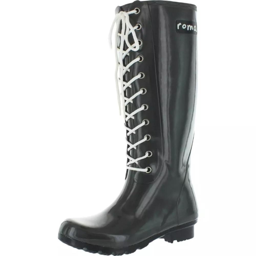 NIB [Roma] Opinca Rubber Lace Up Waterproof Tall Rain Boots Gray Women's Size 6 - Picture 2 of 6